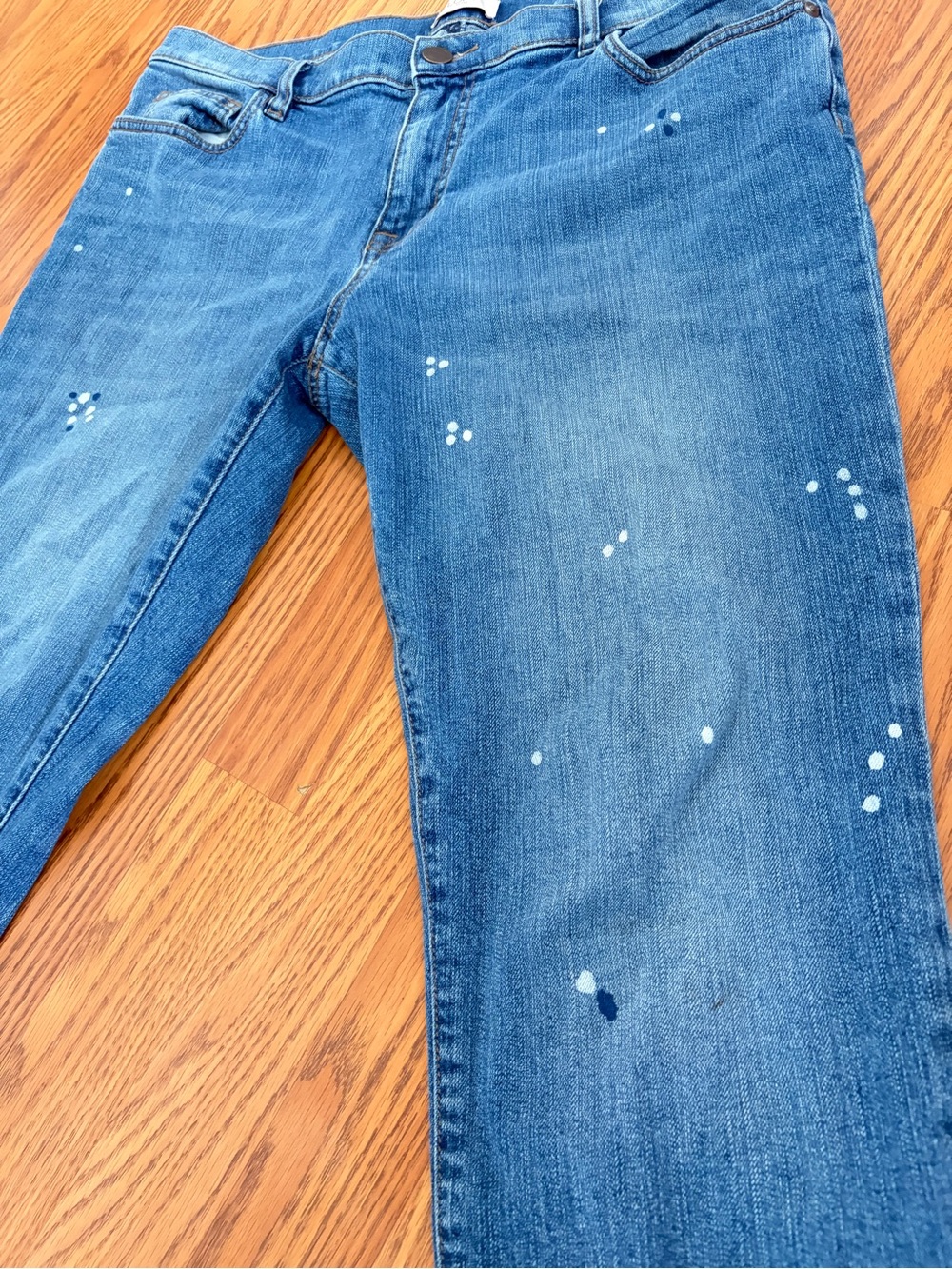 LOFT Blue Straight-Leg High-Rise Jeans with Paint Speckle - Picture 4 of 12